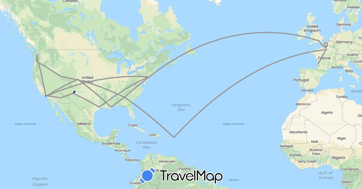 TravelMap itinerary: driving, plane in France, United Kingdom, Netherlands, United States (Europe, North America)