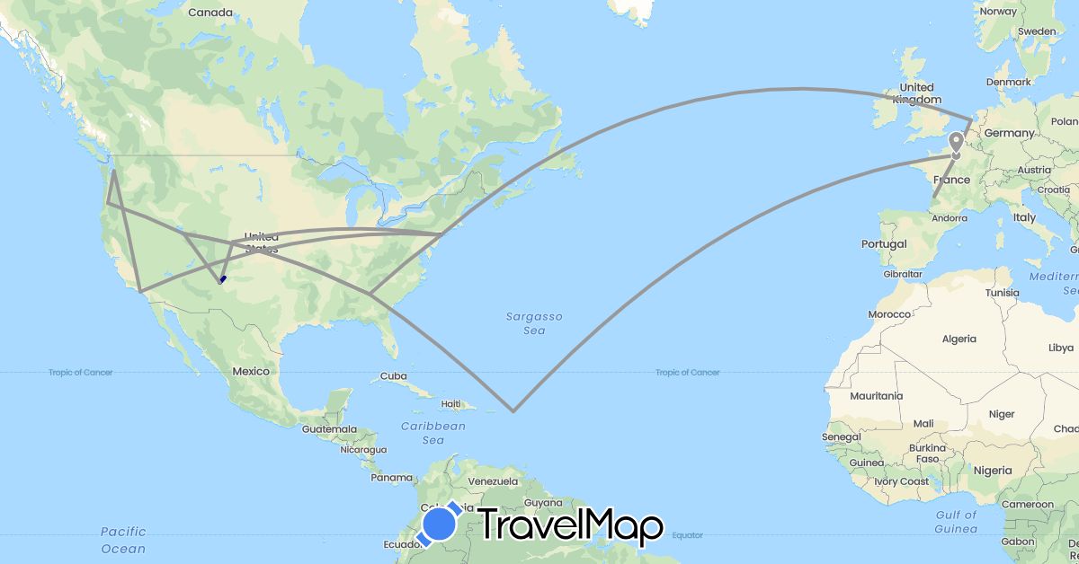 TravelMap itinerary: driving, plane in France, Netherlands, United States (Europe, North America)